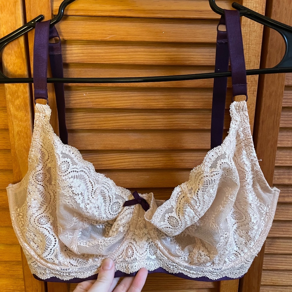 Beautiful Elle MacPherson 34G nude lace bra with purple trim